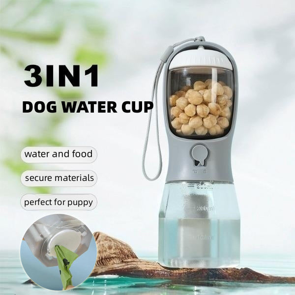 3-in-1 Pet Travel Cup: Water, Food & Waste Bag Holder