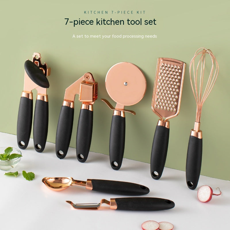 Copper-plated kitchen tool set tools laid out
