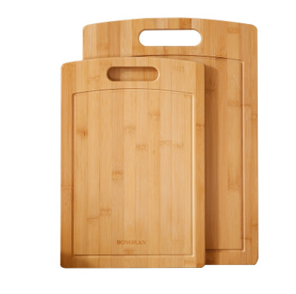 Bamboo cutting board on kitchen counter